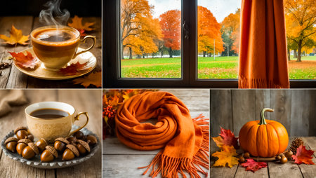 Collage of autumn photos with cup of coffee, scarf, chestnut and pumpkinの素材