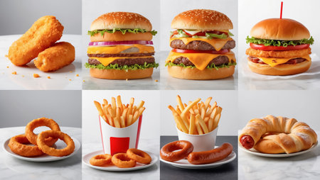 collage of different fast food, hamburger, nuggetsの素材