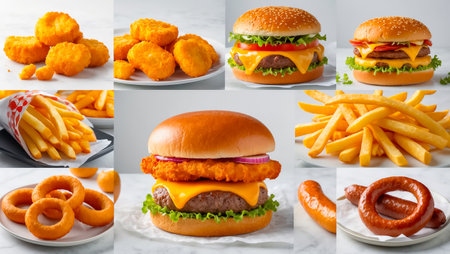 collage of different fast food, hamburger, nuggetsの素材