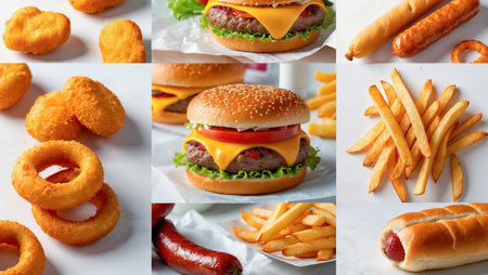 collage of different fast food, hamburger, nuggetsの素材