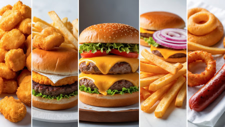 collage of different fast food, hamburger, nuggetsの素材