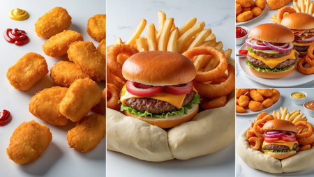 collage of different fast food, hamburger, nuggetsの素材