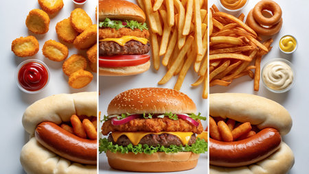 collage of different fast food, hamburger, nuggetsの素材
