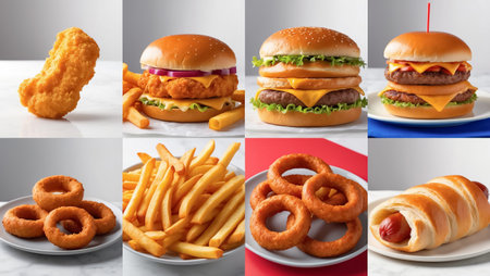collage of different fast food, hamburger, nuggetsの素材