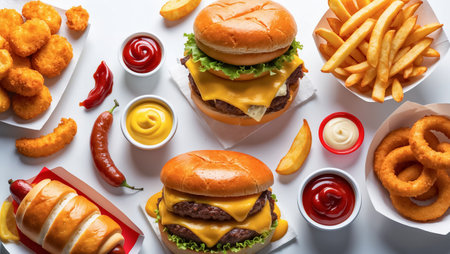 collage of different fast food, hamburger, nuggetsの素材