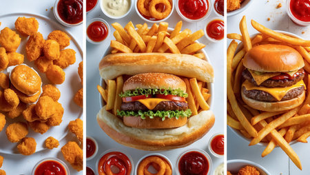 collage of different fast food, hamburger, nuggetsの素材