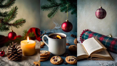 photo collage of a fir tree branch, pine cone, candles and a festive backgroundの素材