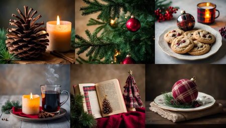 photo collage of a fir tree branch, pine cone, candles and a festive backgroundの素材