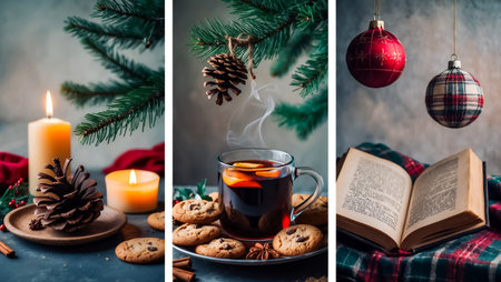 photo collage of a fir tree branch, pine cone, candles and a festive backgroundの素材