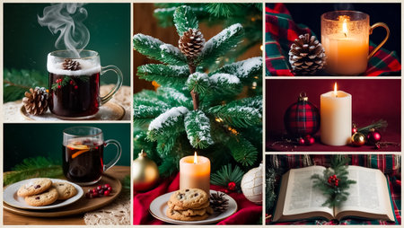 photo collage of a fir tree branch, pine cone, candles and a festive backgroundの素材