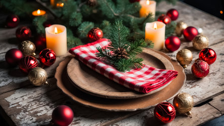 plate wooden fir tree branch, pine cone, candles, holiday background vintageの素材