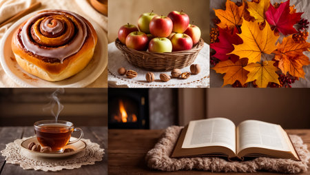 photo collage on autumn theme - cinnamon bun, apple, autumn leavesの素材