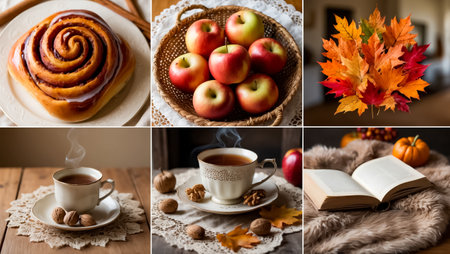 photo collage on autumn theme - cinnamon bun, apple, autumn leavesの素材