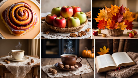 Autumn still life with a cup of tea, cinnamon rolls, apples and a bookの素材