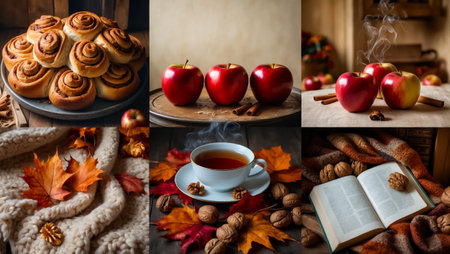 Autumn still life with a cup of tea, cinnamon rolls, apples and a bookの素材