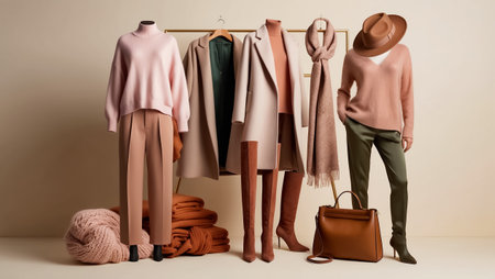 collage of fashionable and stylish women's autumn clothes, sweater, shoes, scarfの素材