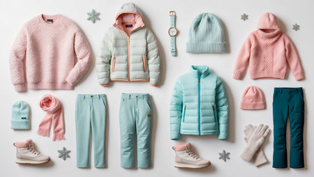 Flat lay composition with stylish winter clothes on white background, top viewの素材
