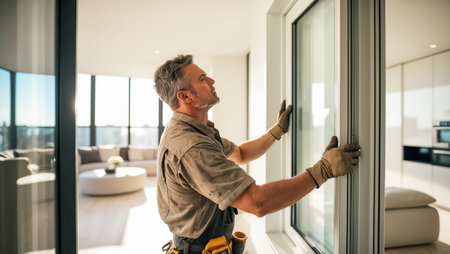 the master is engaged in repairing metal-plastic windows in the apartmentの素材