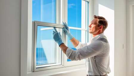 the master is engaged in repairing metal-plastic windows in the apartmentの素材