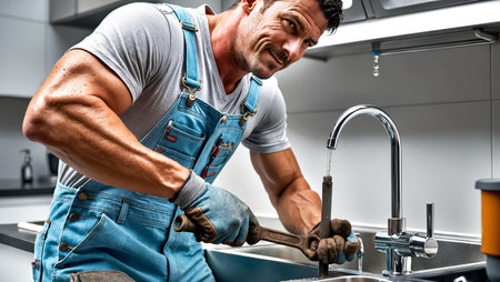 male plumber doing kitchen repairsの素材