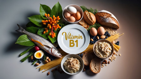 Various fresh food, cereals, fish with the inscription vitamin B1の素材