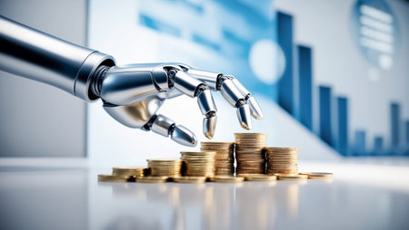 Robot hand with coins, backgroundの素材