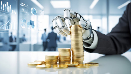 Robot hand with coins, backgroundの素材