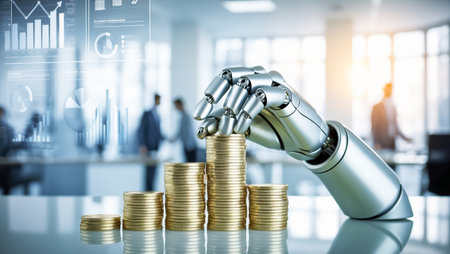 Robot hand with coins, backgroundの素材