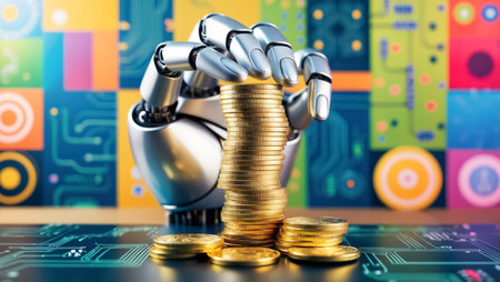 Robot hand with coins, backgroundの素材