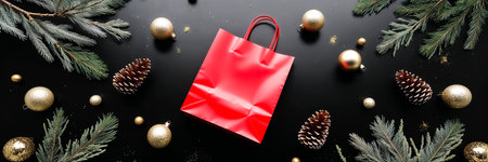 Red shopping bag, Christmas tree branches, balls and cones on a dark backgroundの素材