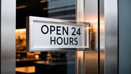 The sign on the door says open 24 hoursの素材