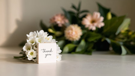 Beautiful sign with the inscription thank you, bouquet of flowersの素材