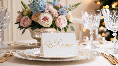 Beautiful inscription welcome, on the table, empty plate, bouquet of flowersの素材