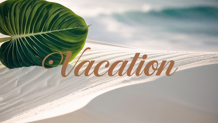 Beautiful tropical leaf with the inscription vacation, sand, backgroundの素材