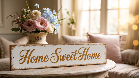 Sign with the inscription home sweet home, in a beautiful vintage room, a bouquet of flowersの素材