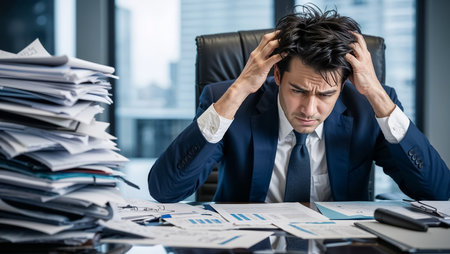 businessman under stress sits at his desk, holds his head in his hands, there are a lot of papers on the tableの素材