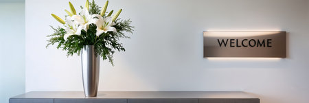 vase with flowers, reception with welcome signの素材