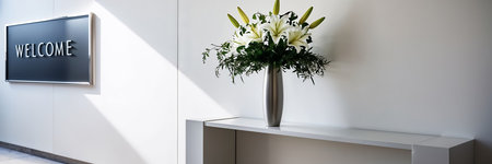 vase with flowers, reception with welcome signの素材