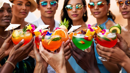 close up of hands with different tropical cocktailsの素材