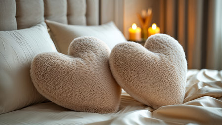 two beautiful beige soft heart-shaped pillows on bed in modern room, candles, romantic atmosphereの素材