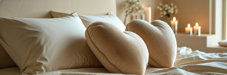 two beautiful beige soft heart-shaped pillows on bed in modern room, candles, romantic atmosphereの素材