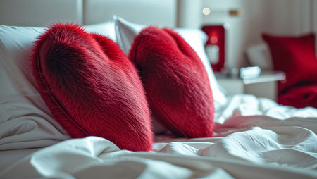 two beautiful red soft heart shaped pillows on bed in modern room, romantic atmosphereの素材