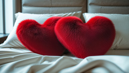 two beautiful red soft heart shaped pillows on bed in modern room, romantic atmosphereの素材