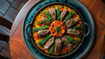 delicious paella with meat and vegetables, traditional food of Spainの素材