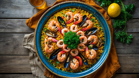 delicious seafood paella, traditional food of Spainの素材