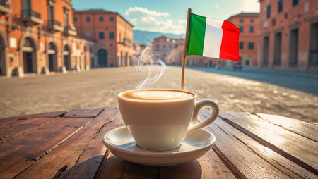 beautiful cup of hot coffee on the table, small flag of Italy, city in the backgroundの素材