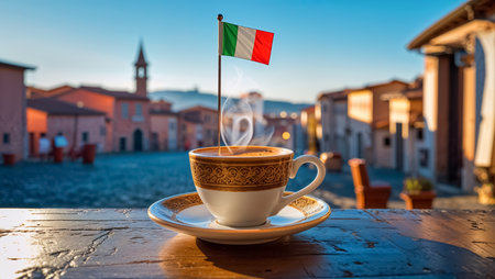 beautiful cup of hot coffee on the table, small flag of Italy, city in the backgroundの素材