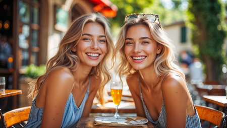 Two happy cheerful girlfriends sit and chat at a table in a cafeの素材