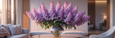 beautiful bouquet of lilac flowers in a stylish vase on a table in a modern living roomの素材