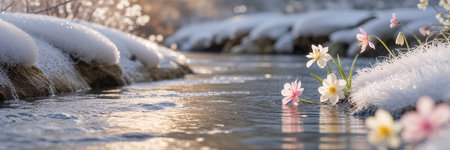 beautiful stream with snow, first spring flowersの素材